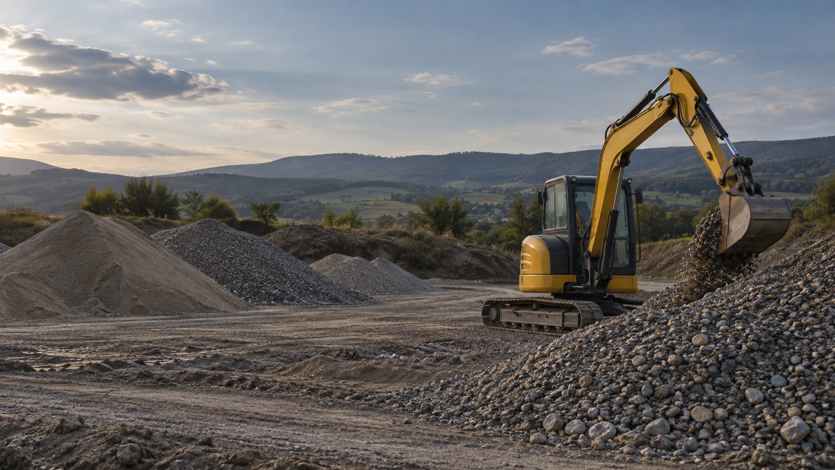 Imagine ilustrativă cu excavator și agregate pe un șantier